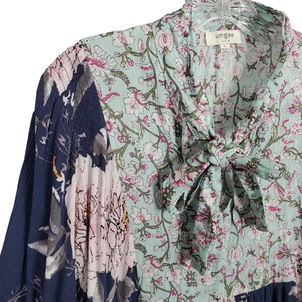 Umgee Size L Dress Blue CottageCore Floral Crinkle V-neck Ribbon Tie Puff Sleeve - Picture 4 of 9